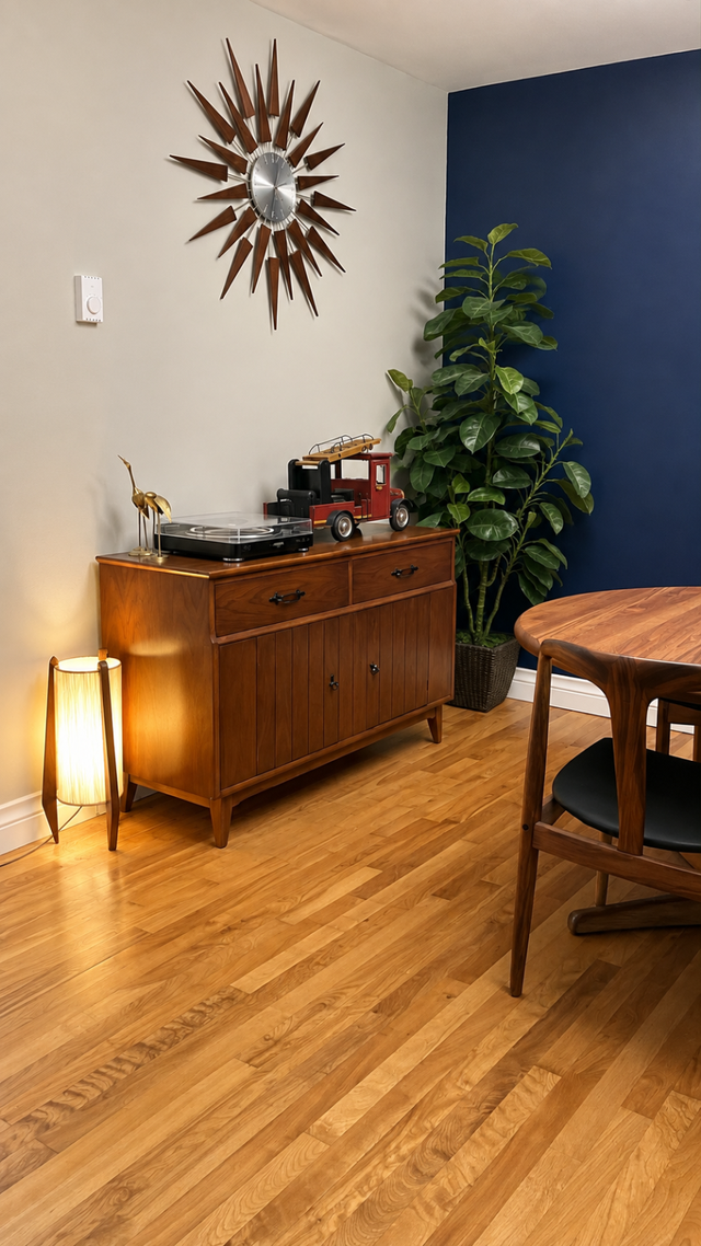 Mid century. TEAK TECK Lampe / Buffet, bahut disques vinyles, ba