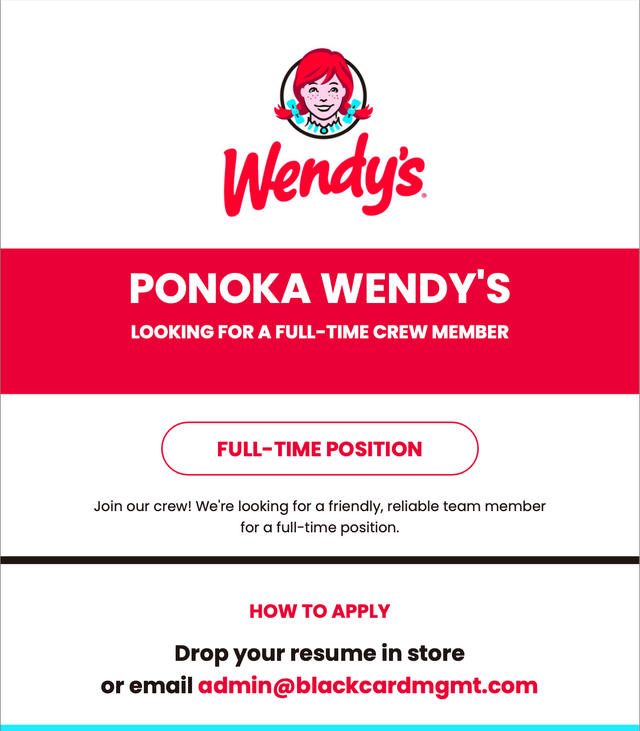 Now Hiring - Ponoka Wendy's