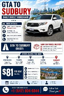 GTA → SUDBURY DAILY DIRECT RIDESHARE