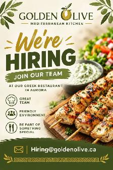 Greek Restaurant Hiring in Aurora, ON