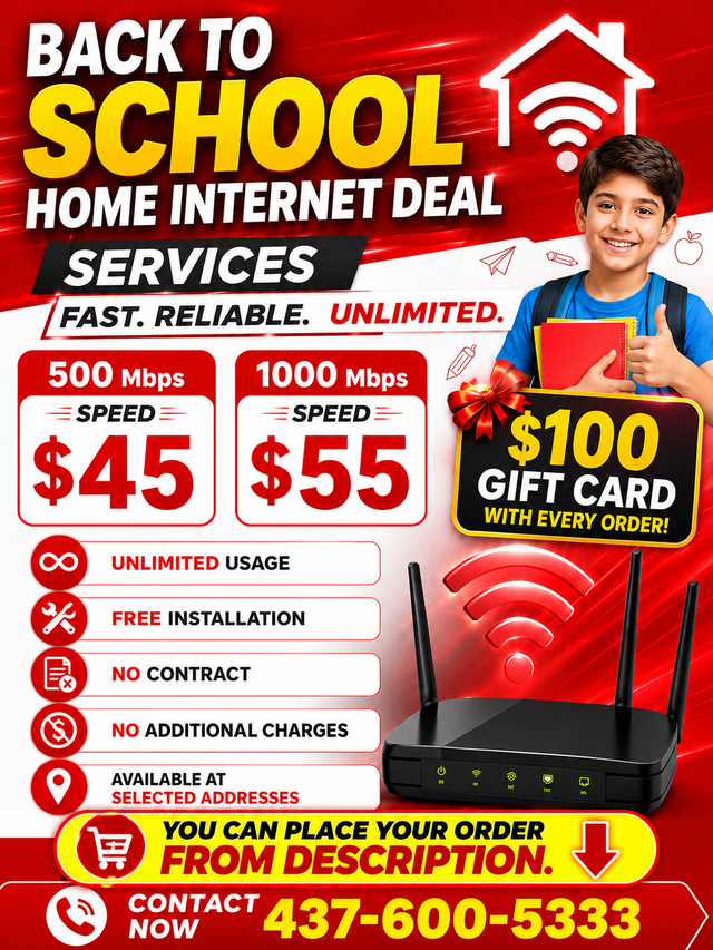 'Back to School' Cheap Home Internet|500 Mbps $45|Fiber Internet