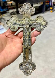 Vintage Bronze Metal Orthodox Crucifix (w Relief Scene Design)