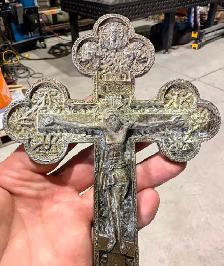 Vintage Bronze Metal Orthodox Crucifix (w Relief Scene Design) - Photo 2