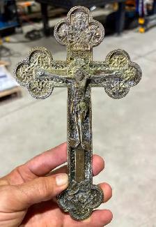 Vintage Bronze Metal Orthodox Crucifix (w Relief Scene Design) - Photo 4