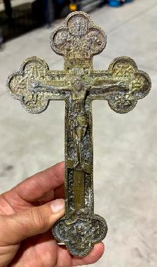 Vintage Bronze Metal Orthodox Crucifix (w Relief Scene Design) - Photo 5