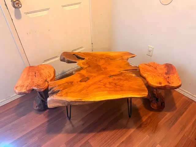 SALE: Rustic Live-Edge Solid Wood Coffee Table & Matching Stools