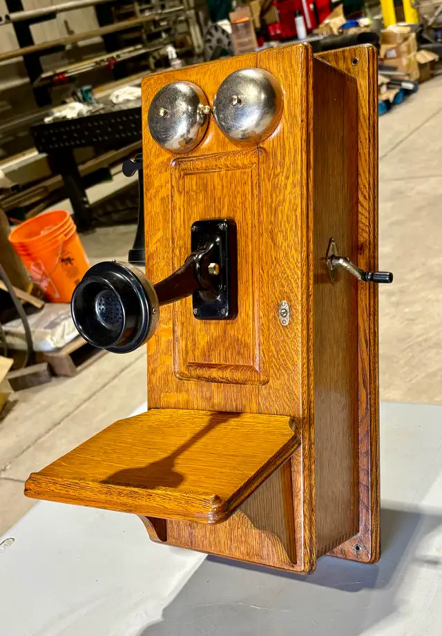 Antique Oak Wood Wall-Mounted Telephone (w Rotary Operation)