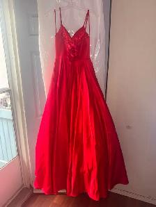 FOR SALE: Red Satin V-Neck A-Line Prom Dress - Photo 2