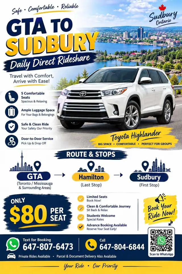 sudbury to GTA ridesahre 80/ seat
