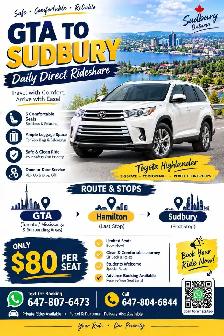 sudbury to GTA ridesahre 80/ seat