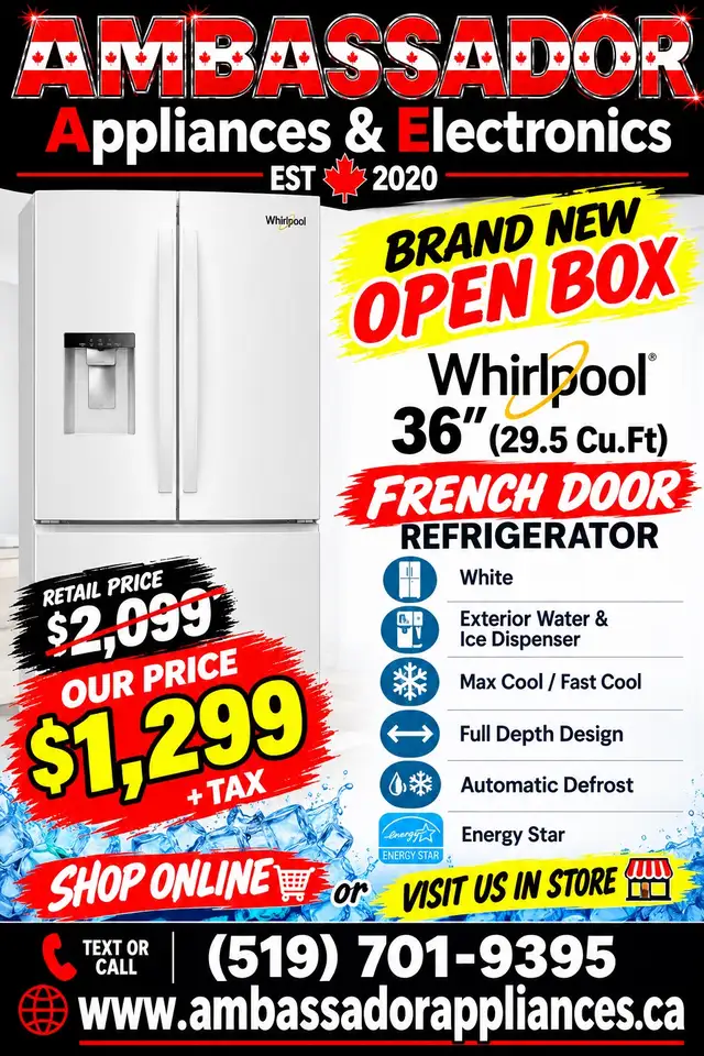 NEW 36" Whirlpool Fridge External Water & Ice (White)