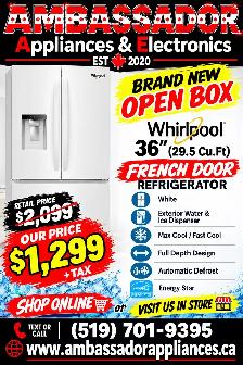 NEW 36" Whirlpool Fridge External Water & Ice (White)