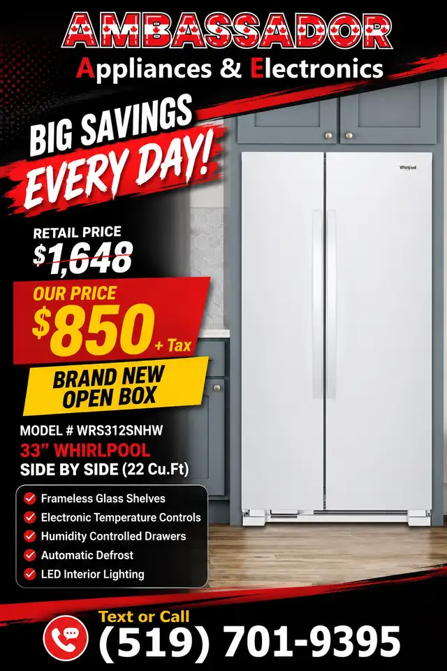 NEW 33" Whirlpool Side By Side Fridge (White)