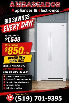 NEW 33" Whirlpool Side By Side Fridge (White)