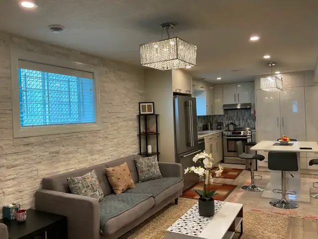 Fully renovated and furnished 2 bdr sep entr & laundry bsm suite