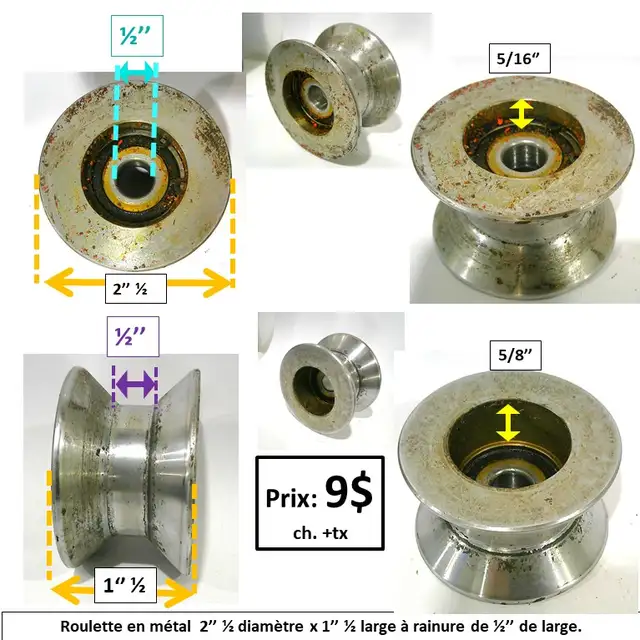 Roulette en métal 2’’ ½ diamètre x 1’’ ½. à rainure de ½’’