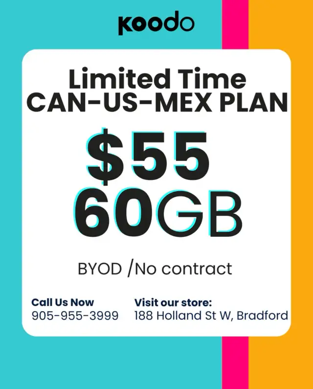 Limited Time Koodo CAN-US-MEX Plan – 60GB for Just $50!