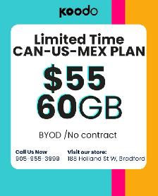 Limited Time Koodo CAN-US-MEX Plan – 60GB for Just $50!