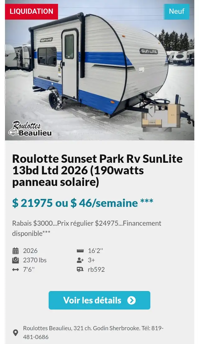 Roulotte à vendre en liquidation sur unités en inventaire.