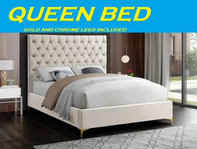 Luxury Velvet Bed with Deep Button Tufting | Gold & Chrome Legs