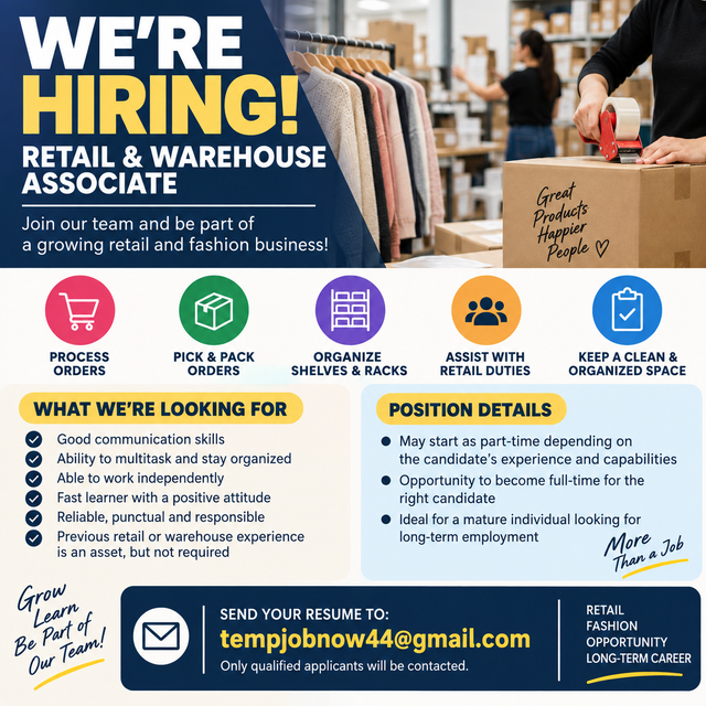 Retail & Warehouse Associate – Part-Time to FullTime Opportunity