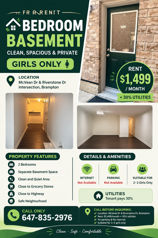 2 Bedroom Basement for Rent – Girls Only – Brampton – $1,499