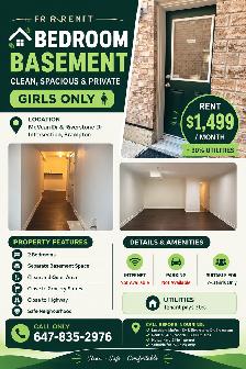 2 Bedroom Basement for Rent – Girls Only – Brampton – $1,499