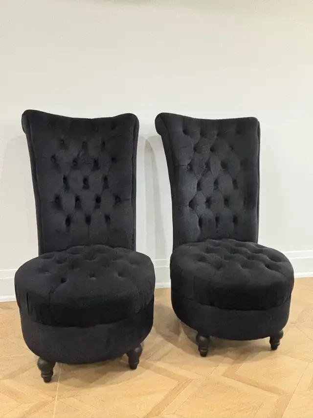 2 black tufted velvet accent chairs