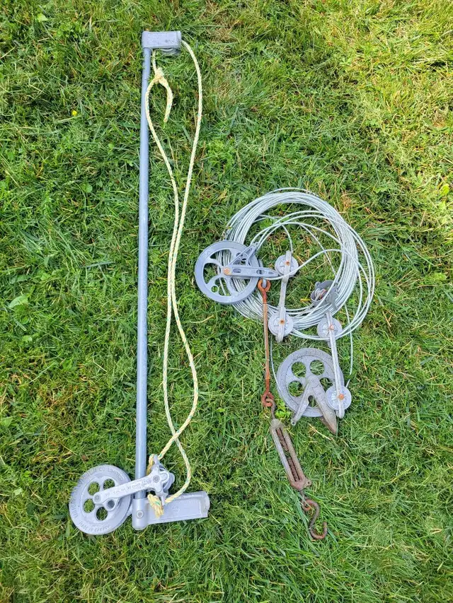 clothesline cable, pulleys and elevator