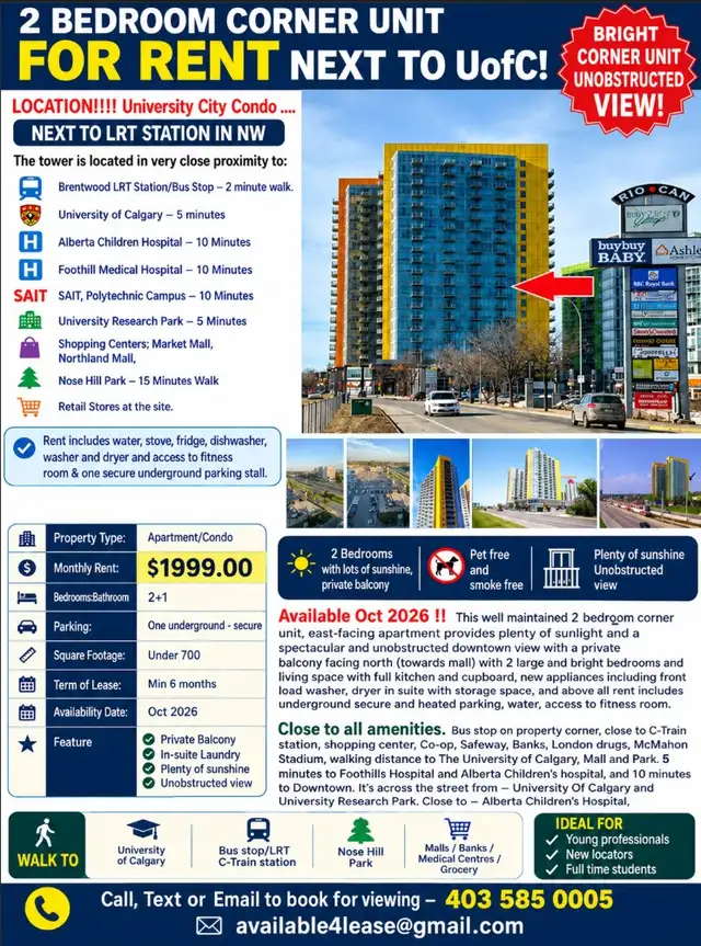 Bright lots of Sunshine-2BR Prkg Next 2 UofC, LRT,Brentwood mall