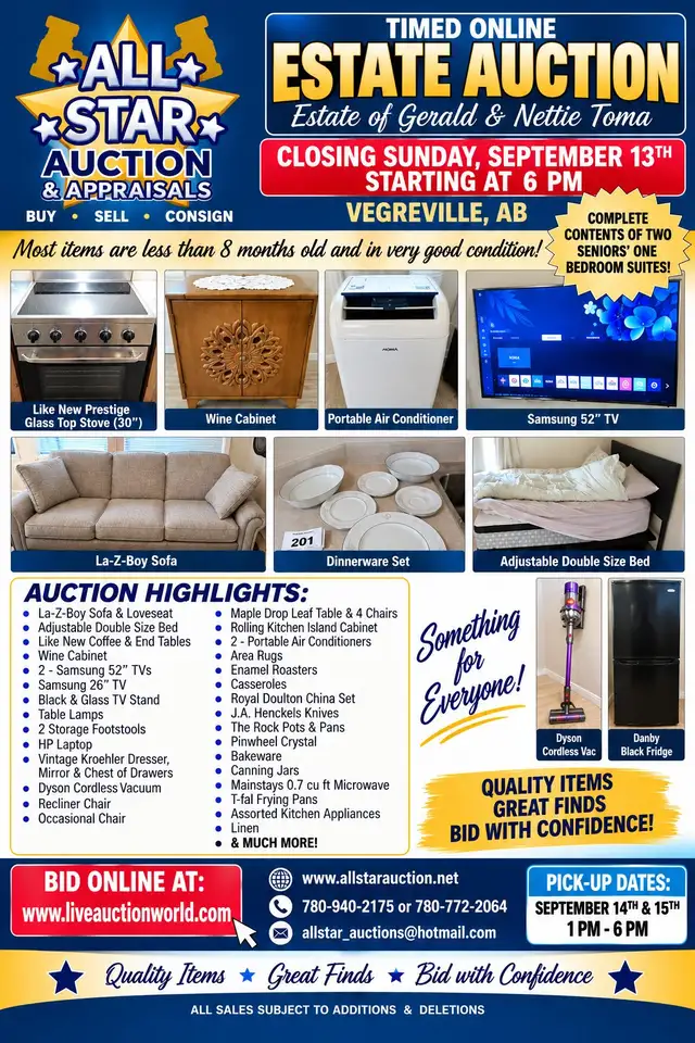VEGREVILLE:  TIMED ONLINE ESTATE AUCTION - Closing Sept 13th 6pm