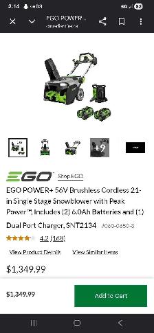 ☆NEW EGO POWER  PEAK POWER 56v CORDLESS ELECTRIC SNOW BLOWER KI - Photo 2