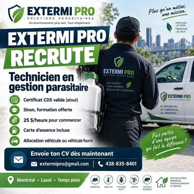 Exterminateur / technicien gestion parasitaire 25-28$/h