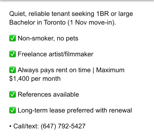 Seeking 1BR or large Bachelor in Toronto 1 Nov Move-in