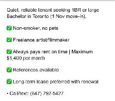 Seeking 1BR or large Bachelor in Toronto 1 Nov Move-in - Photo 3