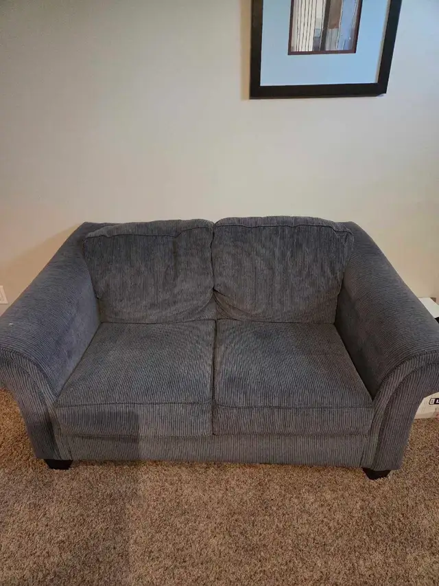 Blue cloth couch, love seat, chair