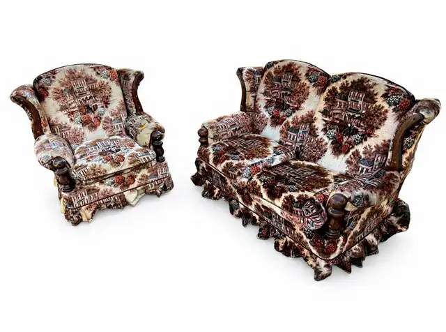 Vintage Upholstered Sofa and Armchair Set