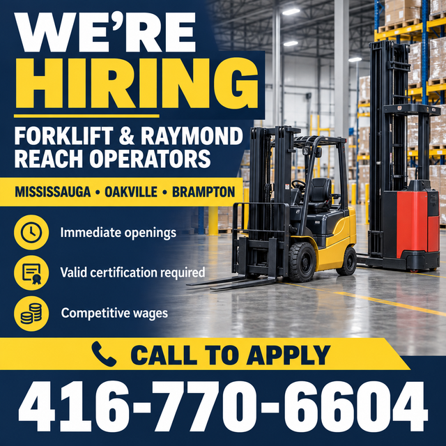 Hiring Forklift & Raymond Reach Operators – Mississauga