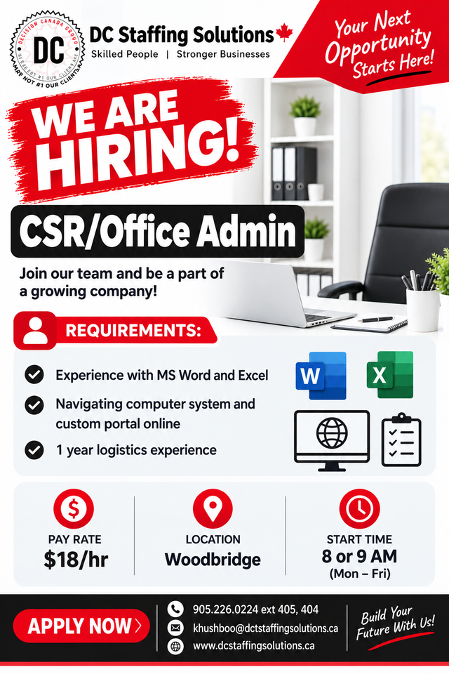 CSR/Office Admin/ Dispatcher- Woodbridge, ON