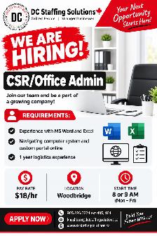 CSR/Office Admin/ Dispatcher- Woodbridge, ON