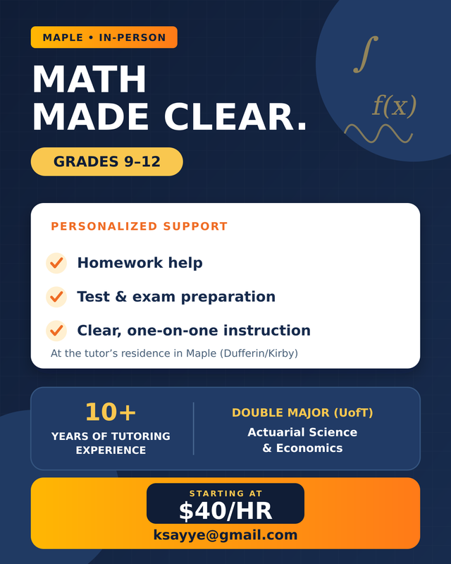 High School Math Tutoring in Maple - Starting at $40/hr