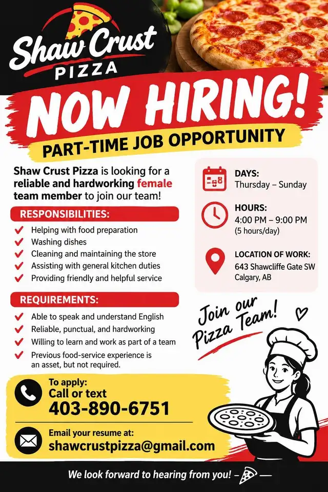 PART-TIME JOB OPPORTUNITY – PIZZA STORE