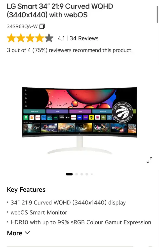 LG 34' Curved Smart Monitor – 34SR63QA-W
