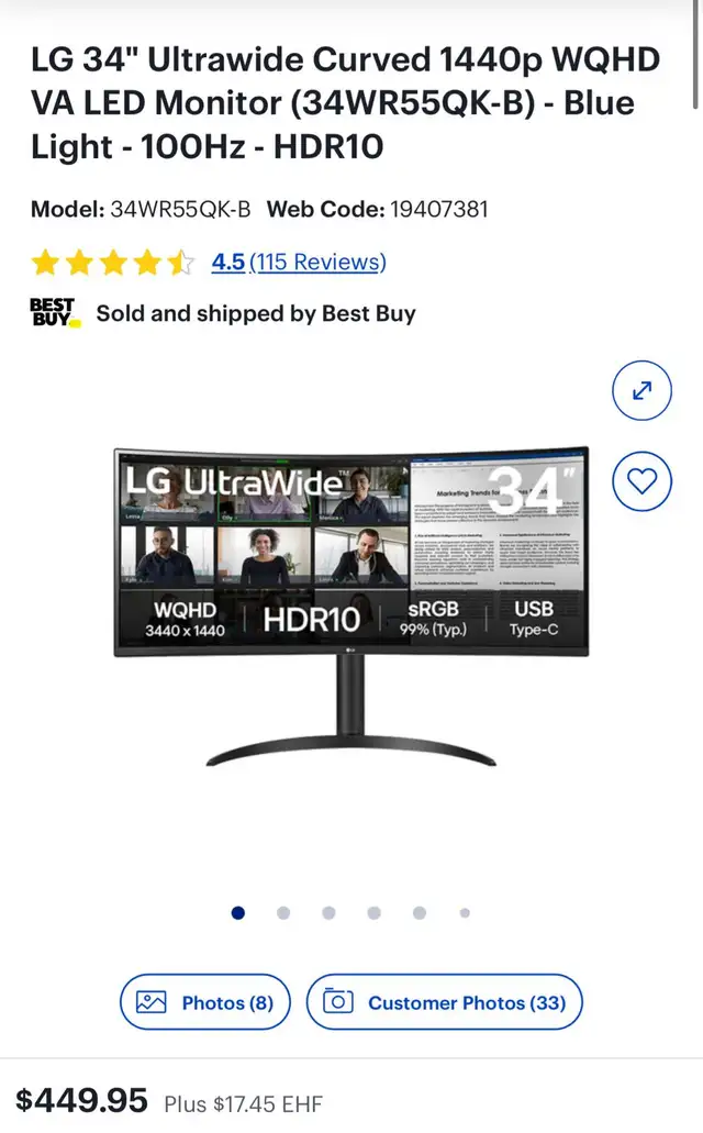 LG 34' Ultrawide Curved Monitor – 34WR55QK-B