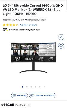 LG 34' Ultrawide Curved Monitor – 34WR55QK-B