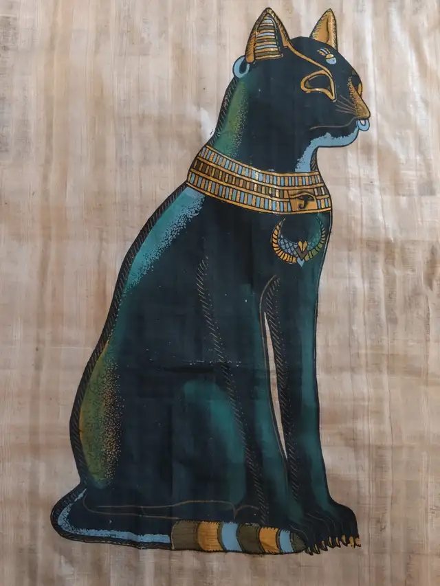 Beautiful Cat Goddess Bast Framed Genuine Egyptian Papyrus Art