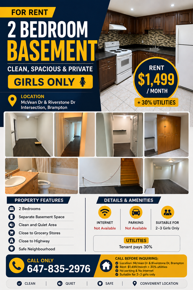 2-BEDROOM BASEMENT FOR RENT – GIRLS ONLY