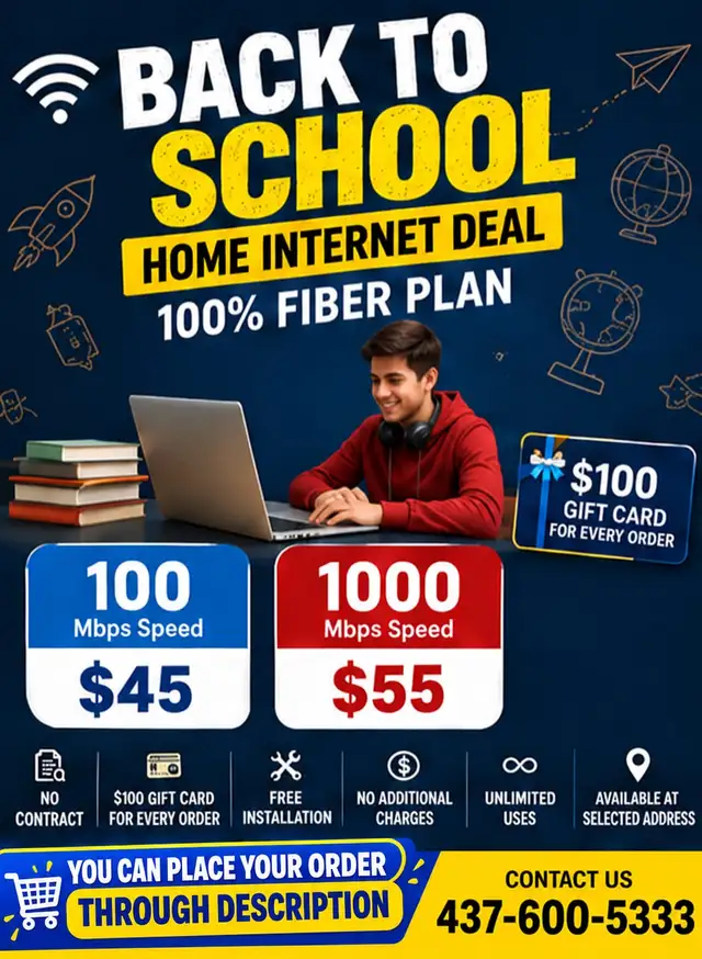 'Back to School'Cheapest Fibre Internet 1 Gbps $55 – No Contract
