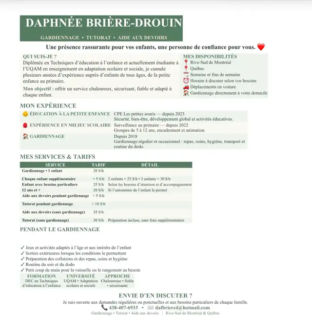 Babysitting/ gardienne d’enfant(s)