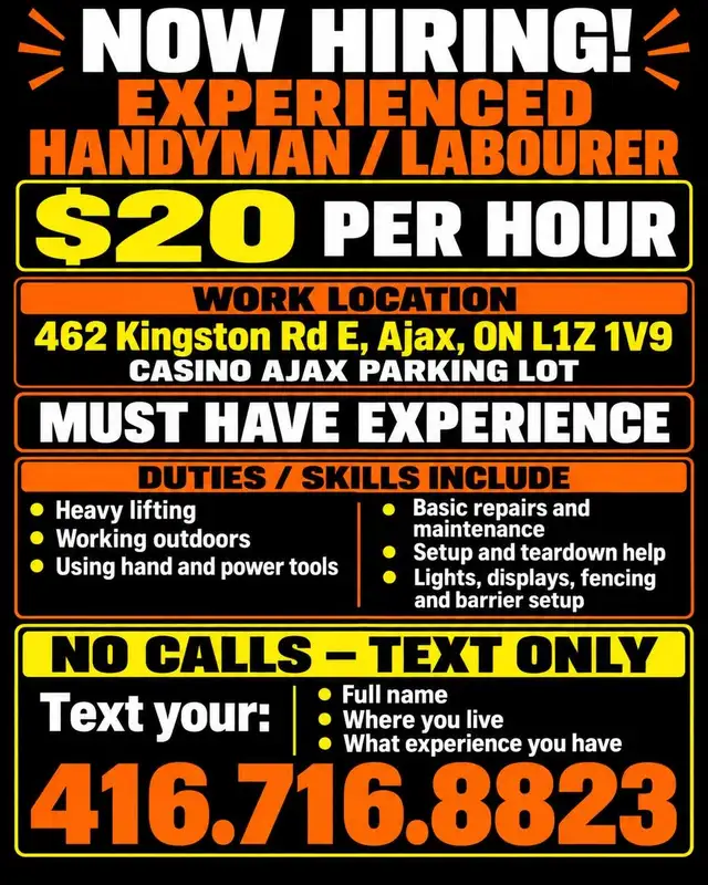 NOW HIRING – EXPERIENCED HANDYMAN / LABOURER AJAX